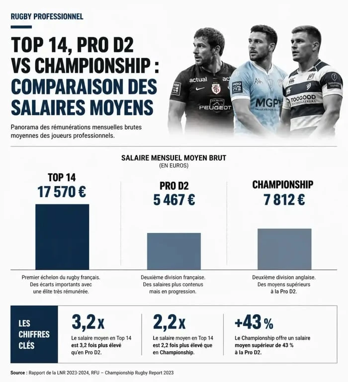 Comparatif des salaires moyens mensuels entre le Top 14, la Pro D2 et le Championship anglais pour un joueur de rugby professionnel.