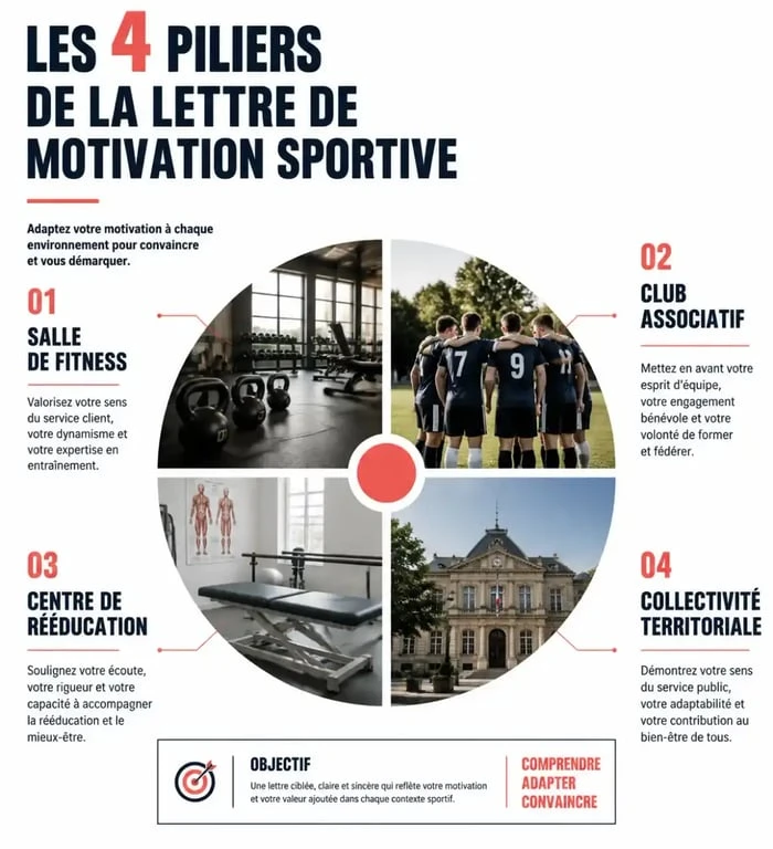 Infographie des arguments clés pour une lettre de motivation sportif selon le type de structure