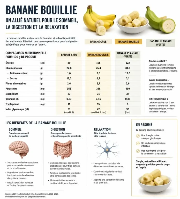 Infographie des bienfaits de la banane bouillie pour la santé et comparaison nutritionnelle
