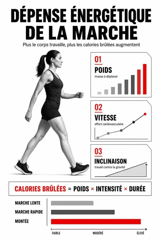 Infographie illustrant la dépense calorique pour 1h de marche selon le poids et la vitesse.