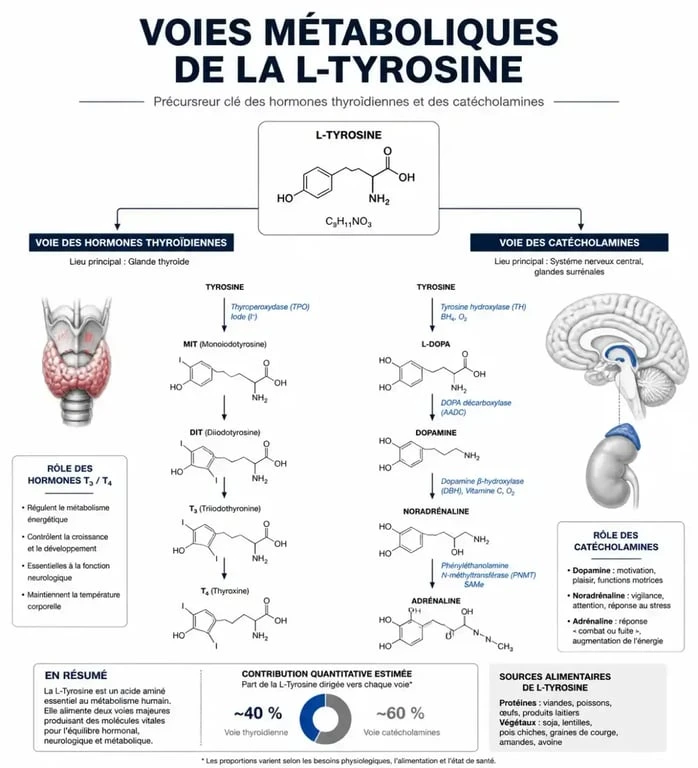 Schéma des bienfaits de la L-Tyrosine et perte de poids : mécanismes d'action sur le métabolisme et les neurotransmetteurs