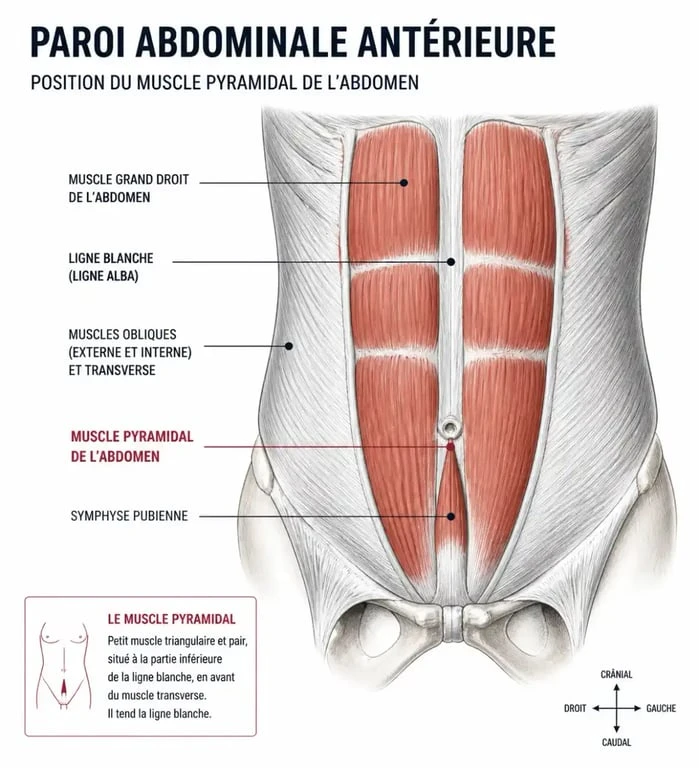 Schéma anatomique illustrant la position du muscle pyramidal de l'abdomen sur la paroi abdominale antérieure