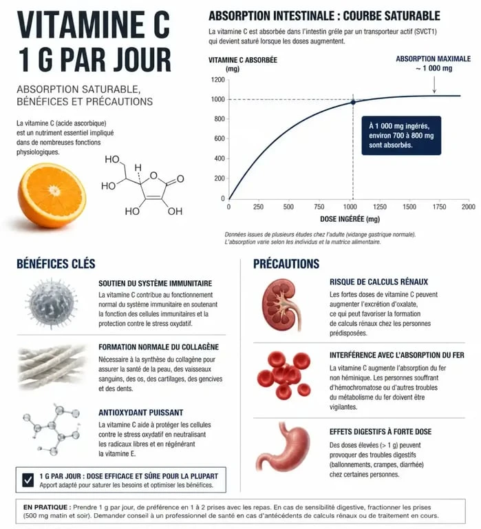 Infographie sur les effets, bénéfices et risques de la prise de 1g de vitamine C par jour pour la santé.
