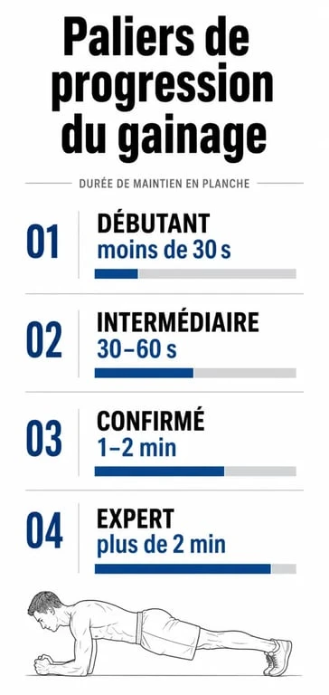 Infographie des niveaux de gainage et temps de maintien recommandés pour progresser efficacement