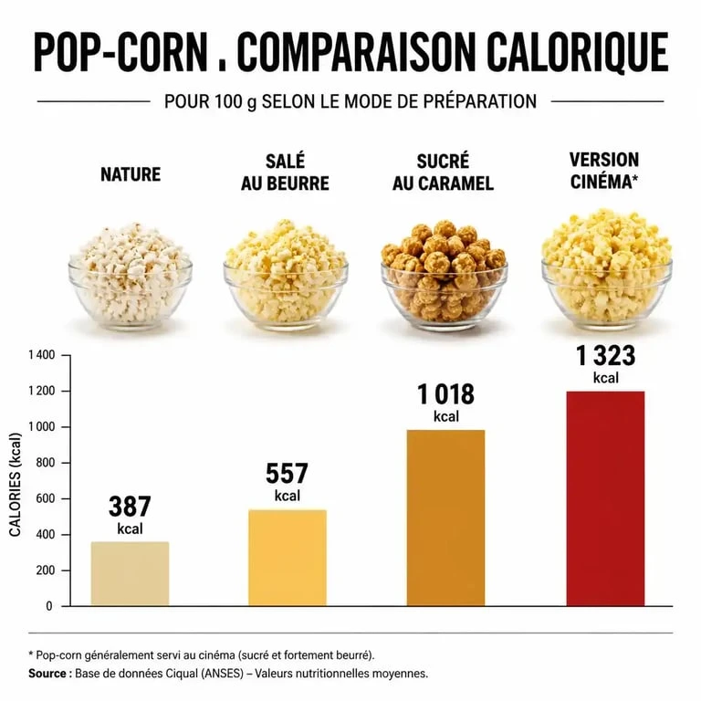 Comparaison des calories pour 100g de pop-corn nature, salé, sucré et cinéma