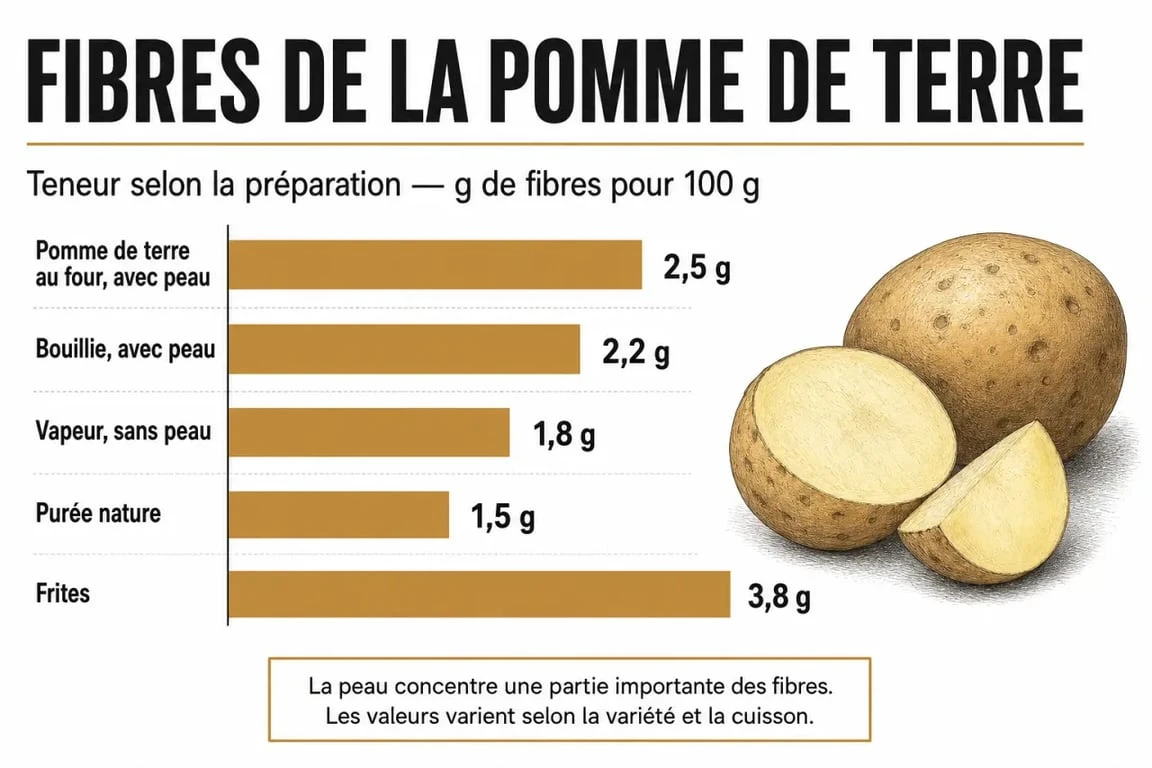 Infographie sur la teneur en fibres dans les pommes de terre selon le mode de cuisson