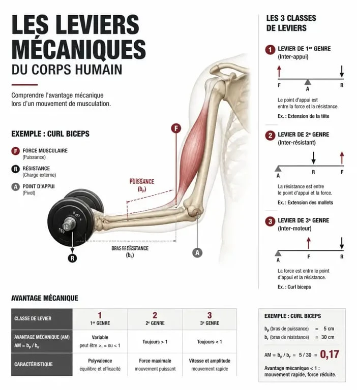 Schéma biomécanique illustrant la méthode de musculation Delavier et l'analyse morphologique