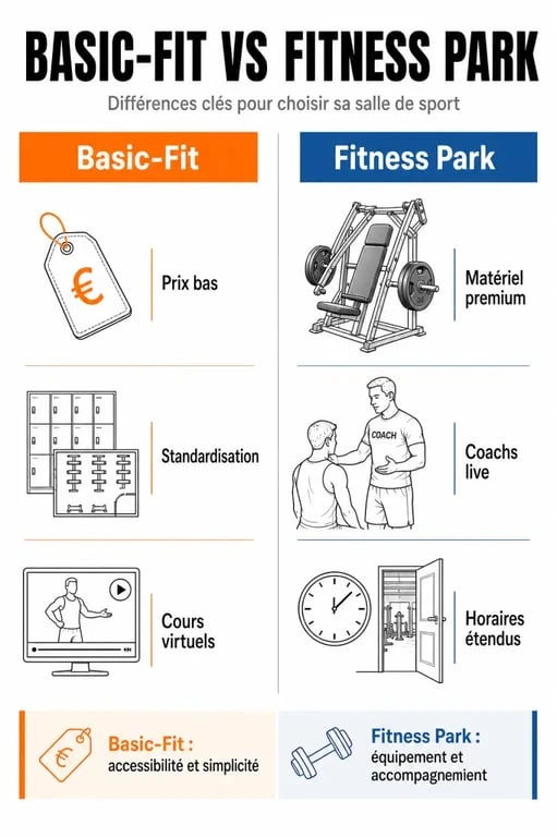 Infographie comparative des salles de sport Basic-Fit et Fitness Park pour choisir son abonnement