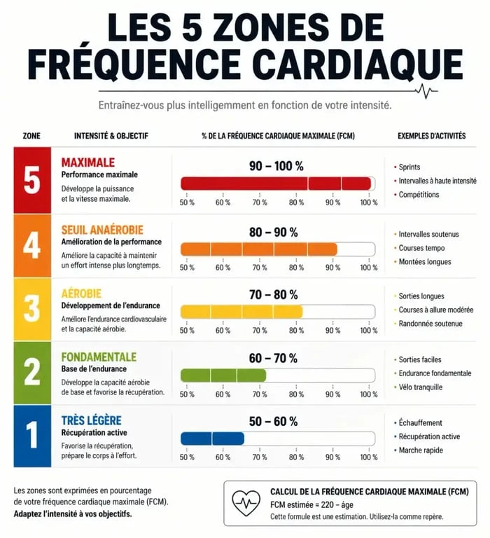 Infographie des 5 zones d'entraînement pour calculer la fréquence cardiaque et optimiser ses performances sportives.