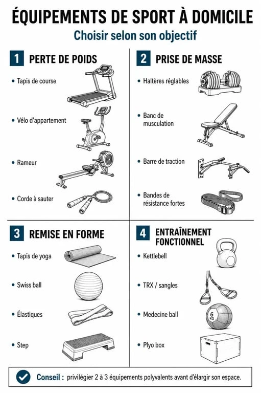 Infographie récapitulative du matériel de sport maison selon les objectifs d'entraînement