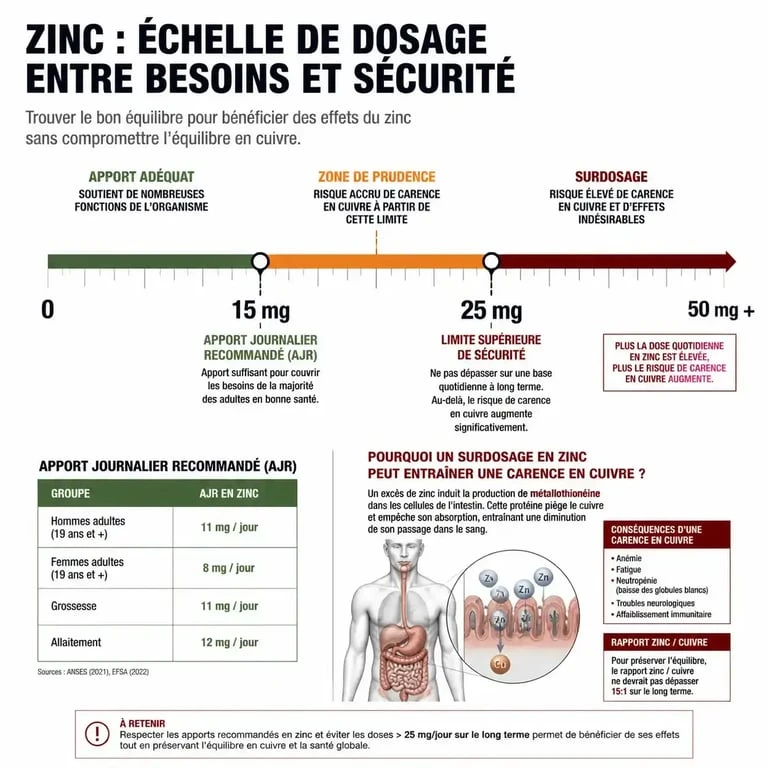 Infographie sur les risques de 30 mg de zinc par jour et la limite de sécurité de 25 mg
