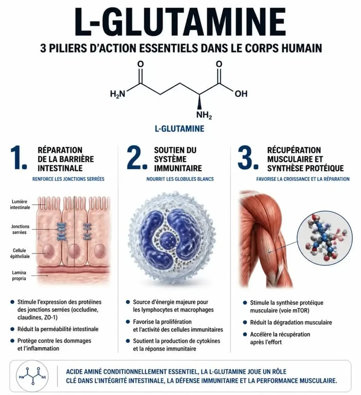Infographie illustrant les bienfaits de la L-glutamine en poudre sur l'intestin, l'immunité et les muscles