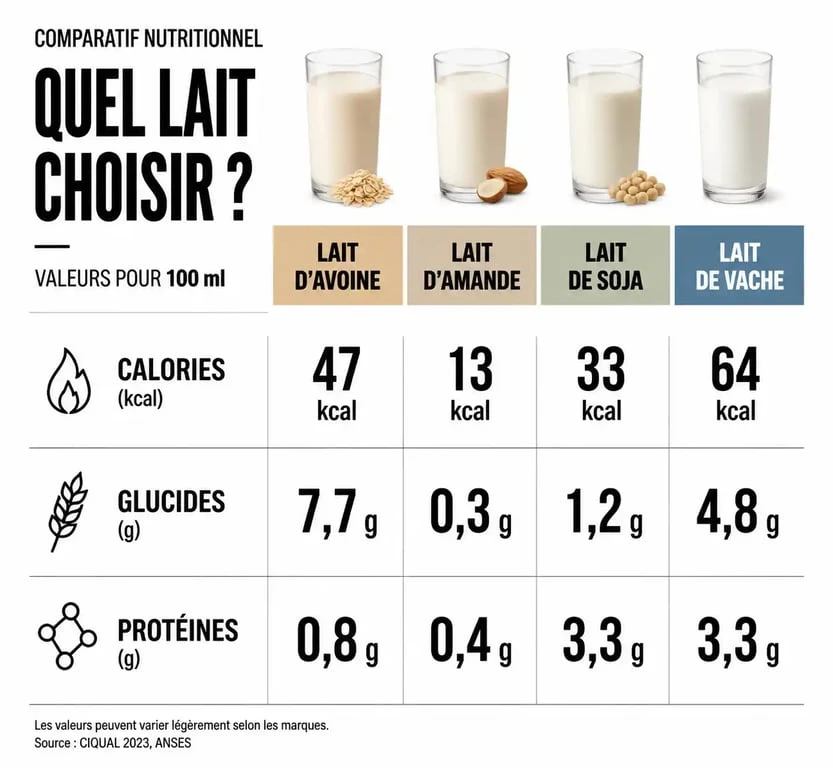 Comparatif nutritionnel des laits végétaux pour maigrir : lait d'avoine, amande et soja