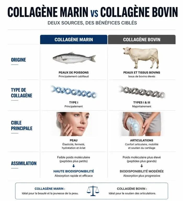 Comparatif des différences entre le collagène marin et le collagène bovin pour choisir son complément alimentaire