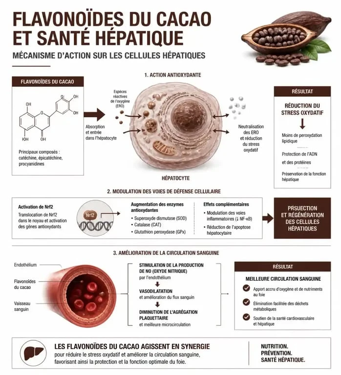 Infographie sur les bienfaits du chocolat noir sur le foie et les mécanismes des antioxydants