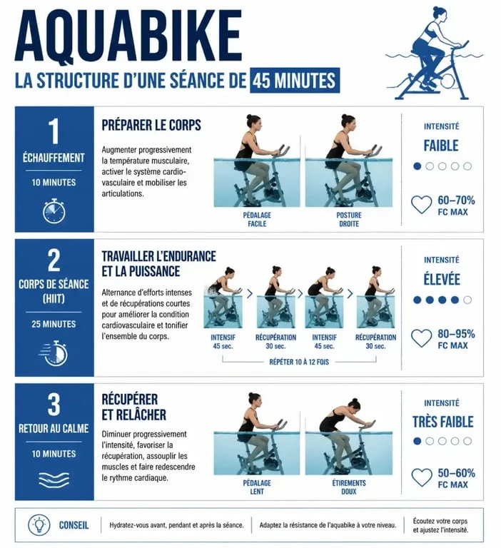 Infographie illustrant la structure et les phases d'une séance d'aquabike pour une remise en forme efficace