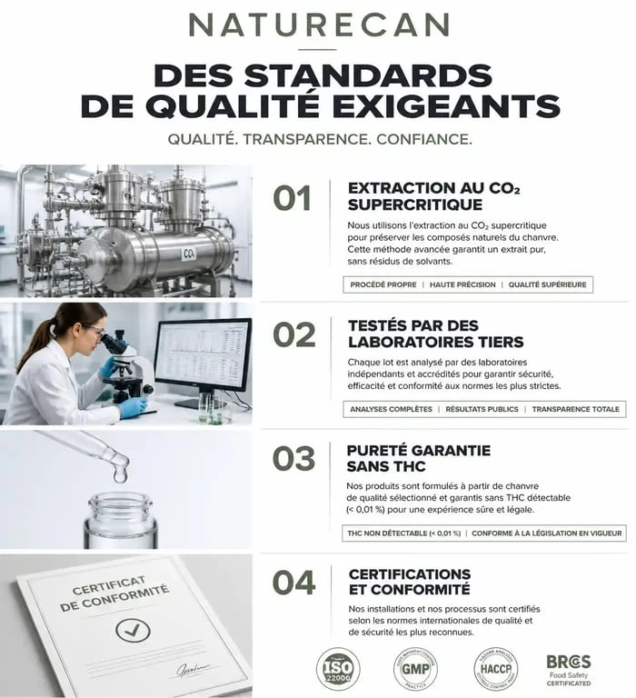 Infographie des standards de qualité et certifications des produits Naturecan CBD