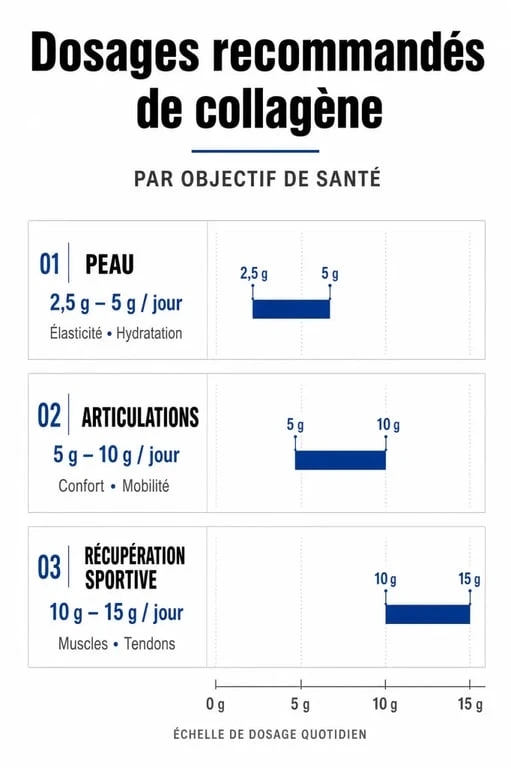 Infographie des dosages recommandés de collagène par jour selon les objectifs de santé