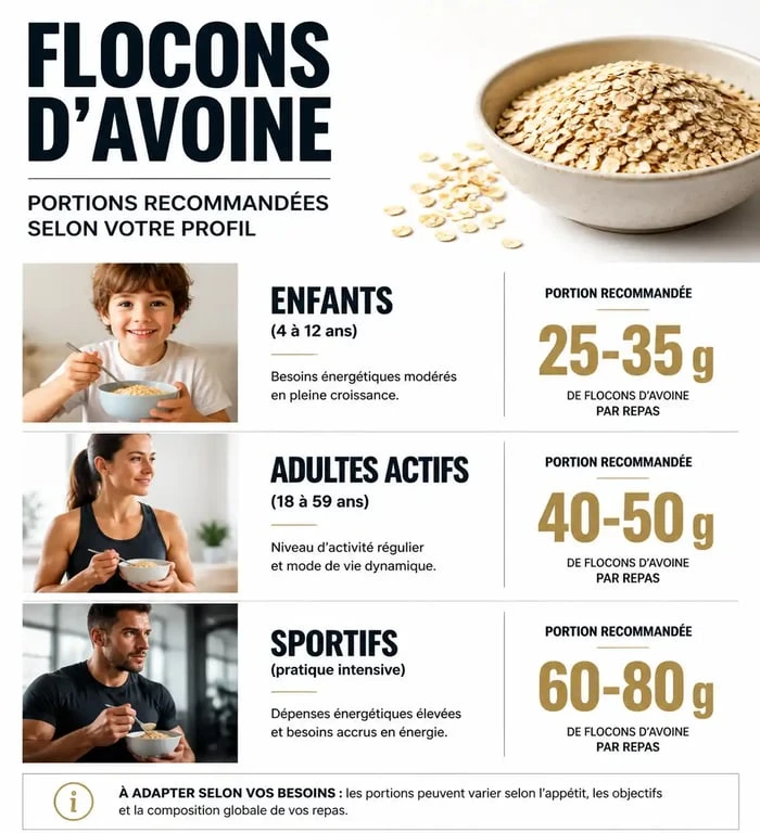Infographie des portions recommandées de flocons d'avoine le matin selon le profil et l'activité physique