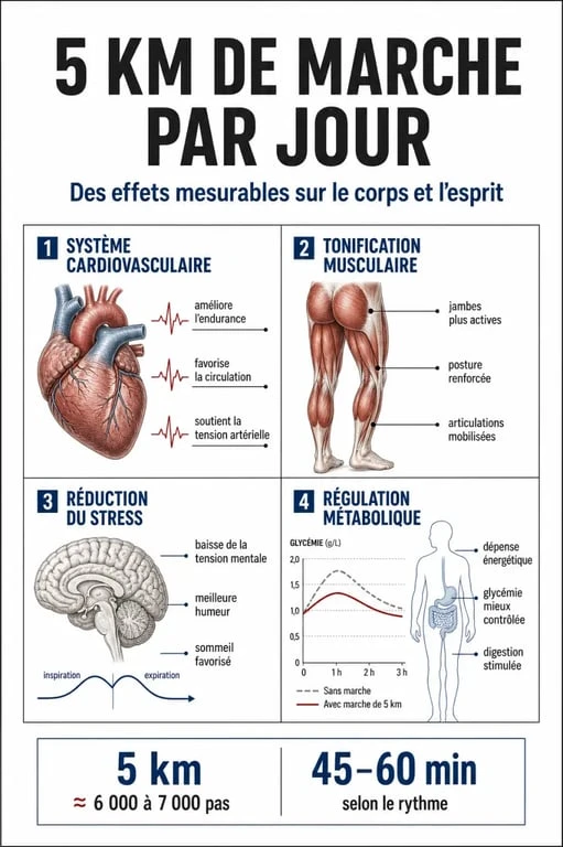 Infographie des bienfaits santé de marcher 5 km par jour