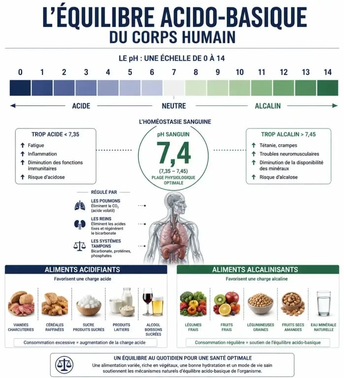 Infographie sur l'équilibre acido-basique et les 4 signes que votre corps est trop acide