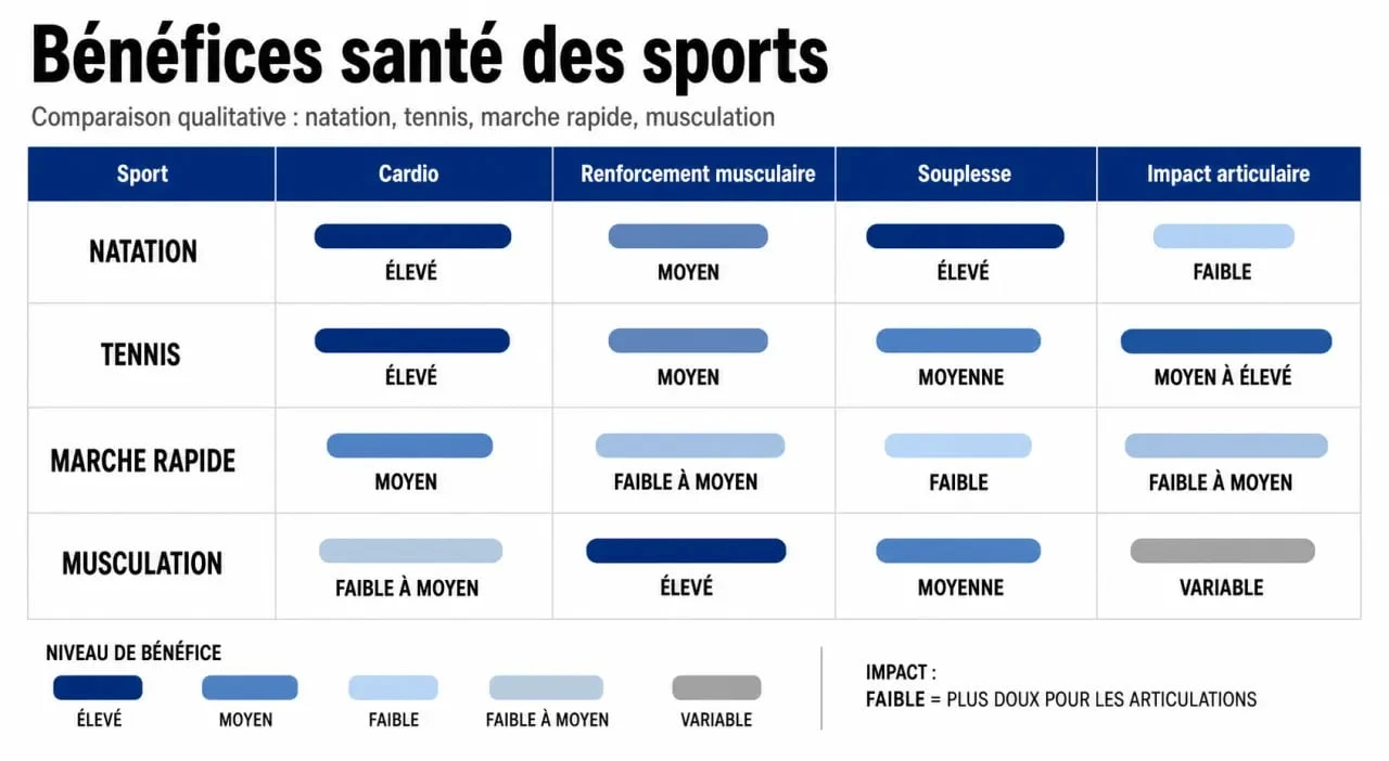 Infographie comparative des bienfaits santé des différents sports pour choisir le meilleur sport
