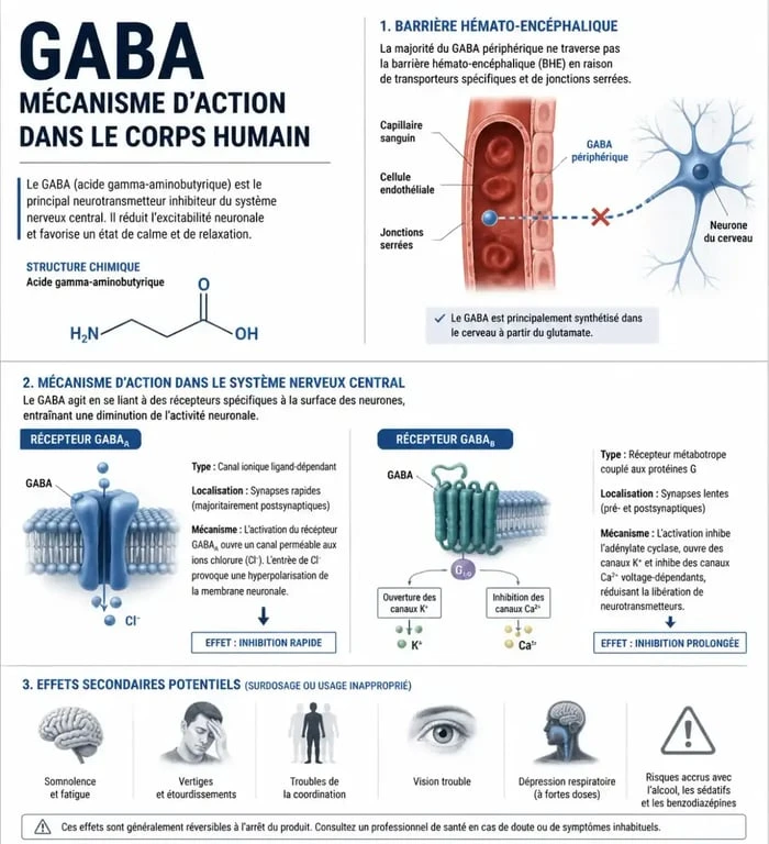 Infographie sur les risques et le mécanisme d'action du GABA dangereux en complément alimentaire