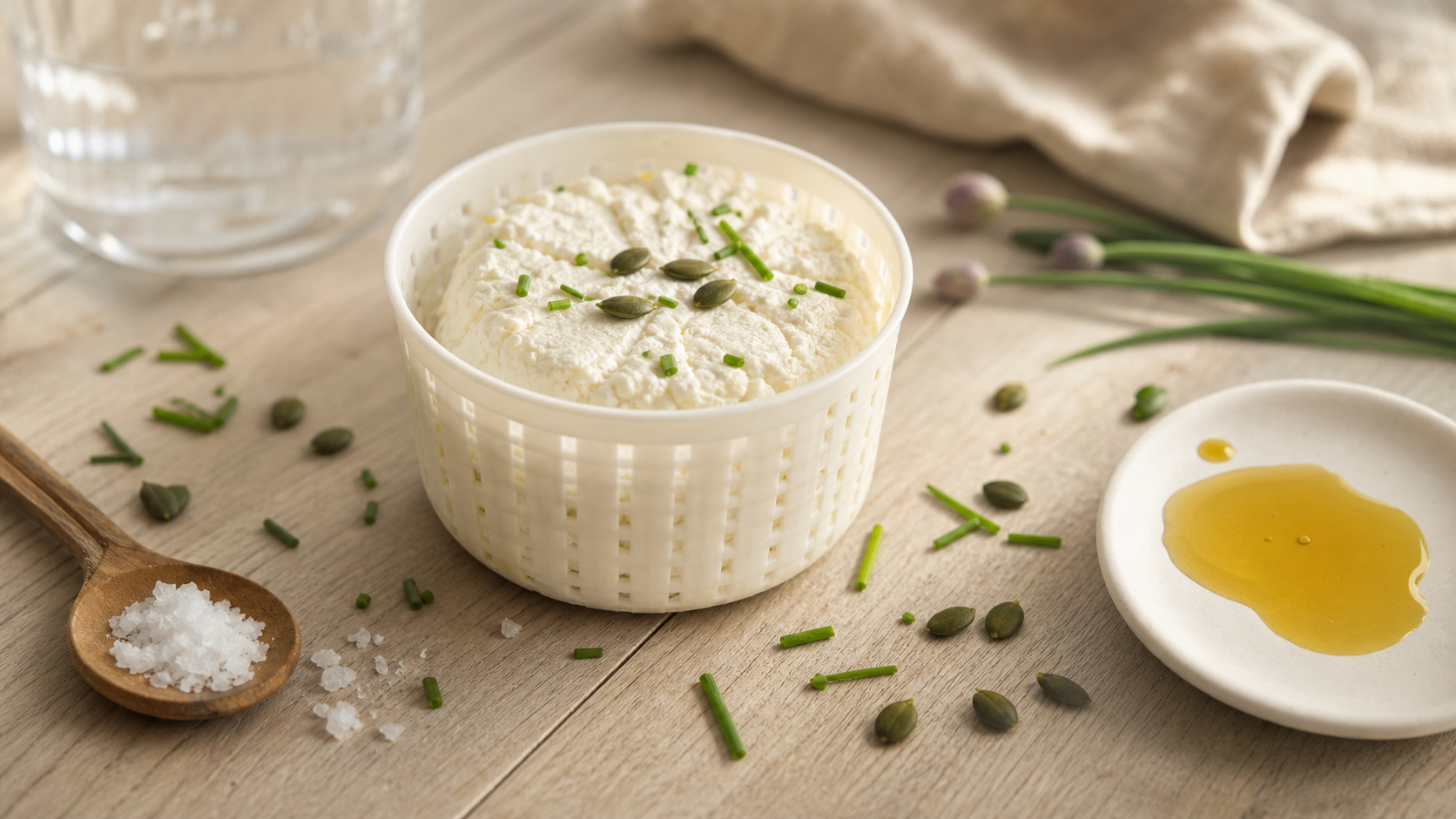 Manger de la faisselle le soir : bol de faisselle légère, ciboulette et huile de noix