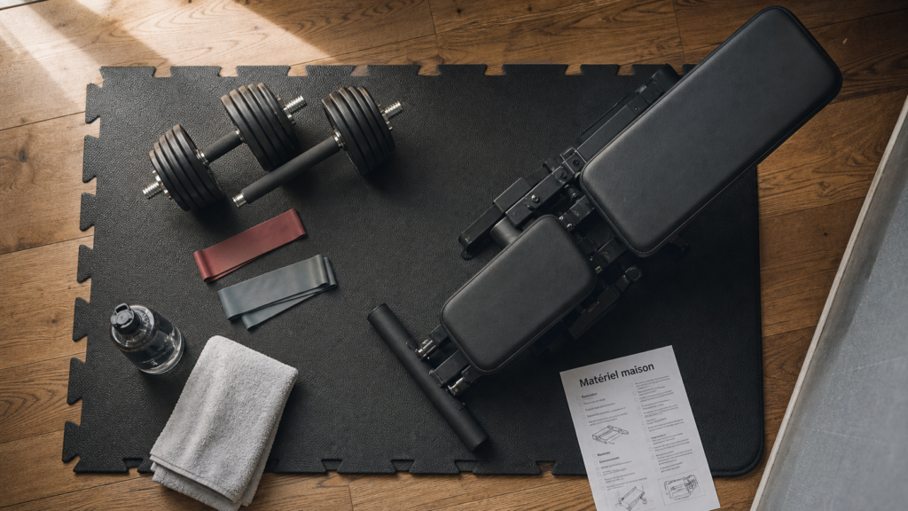 Materiel sport maison : haltères, bandes et banc pliable