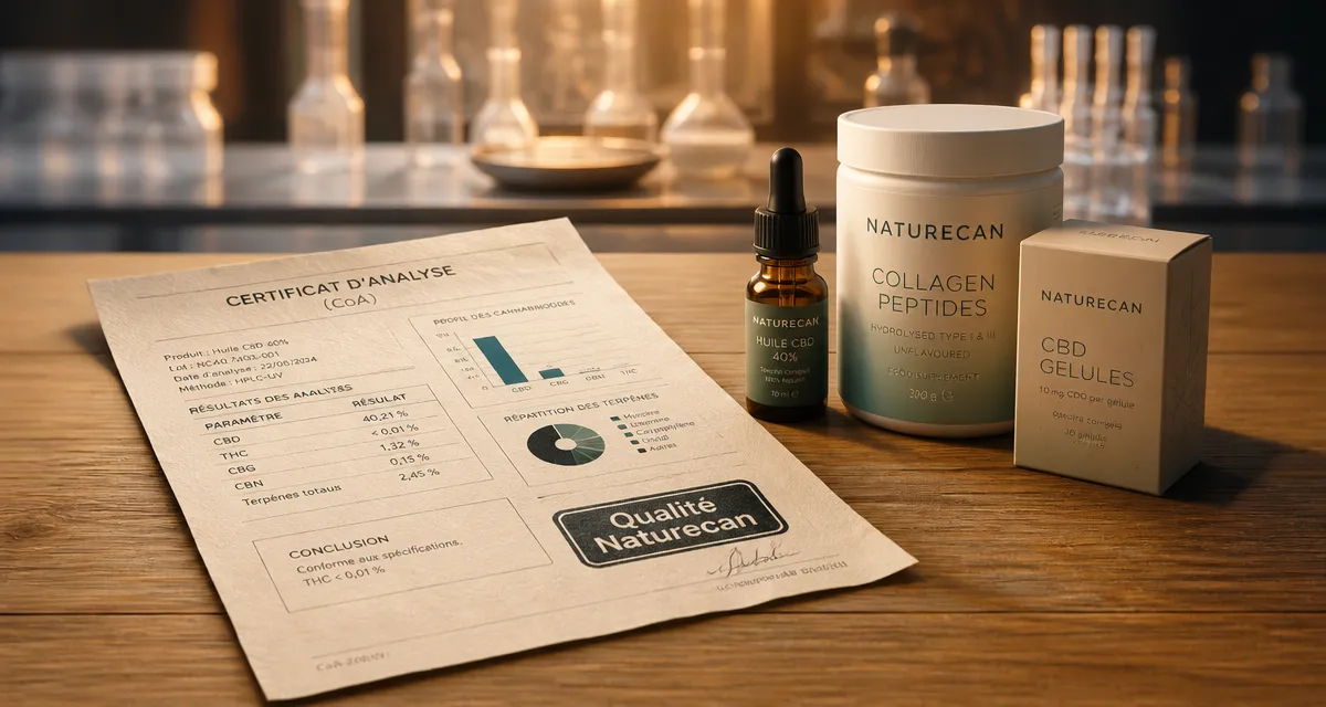 Naturecan avis : CBD et collagène premium, flacons et CoA sur table.