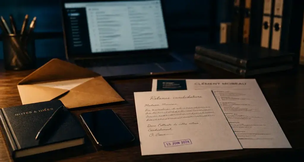 Relance mail candidature : carnet, CV et enveloppe kraft sur bureau