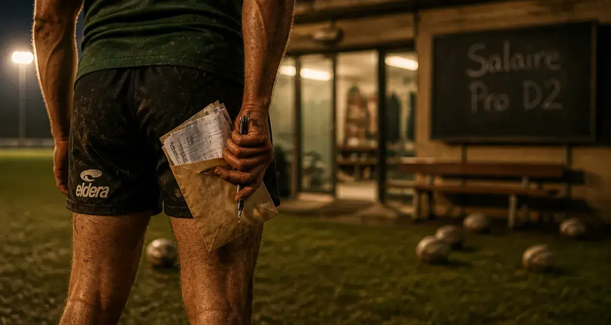 Salaire joueur de rugby pro d2 : enveloppe avec fiches de paie et stylo au vestiaire