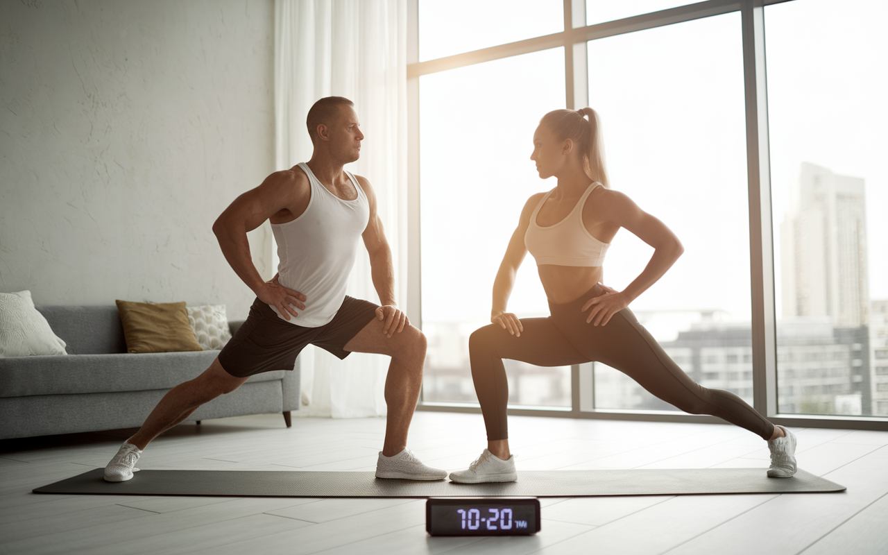 Couple sport matinale exercices rapides salon