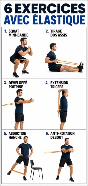 Gym avec un élastique : 6 exercices illustrés pour renforcer jambes, dos, poitrine, bras, hanches et gainage