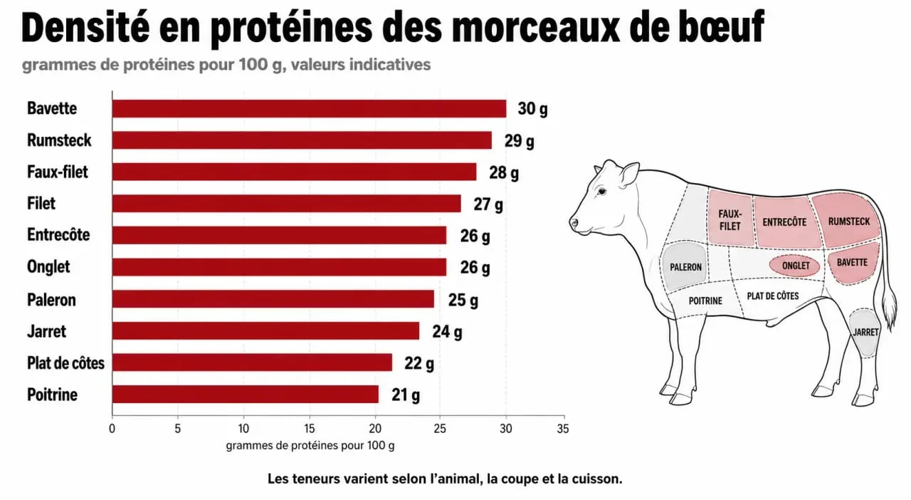 Infographie comparative de la teneur en protéines pour 100g de viande rouge selon le morceau
