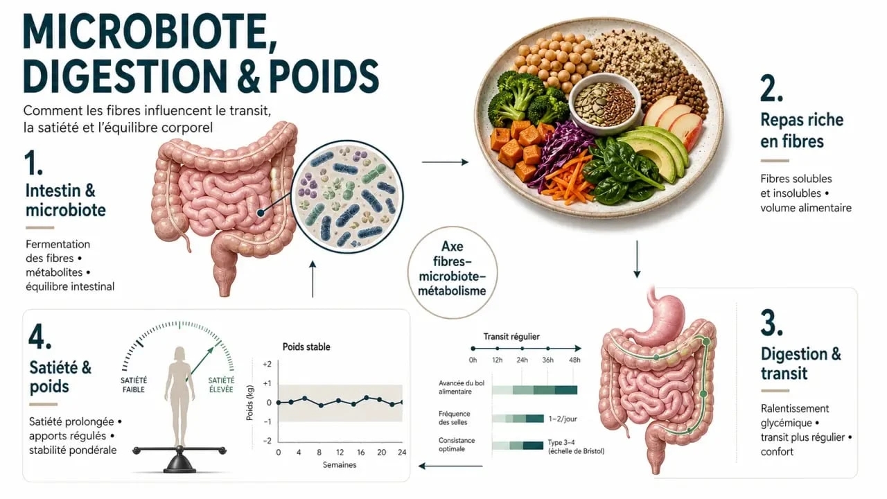 Infographie sur les probiotiques pour maigrir et le lien entre microbiote, digestion et poids