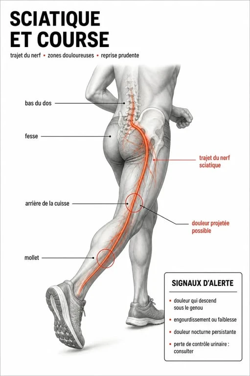 Courir avec une sciatique : schéma du trajet du nerf sciatique et zones de douleur chez le coureur