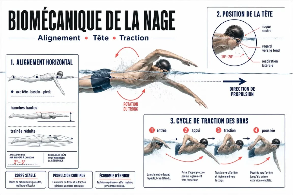 Infographie illustrant les points clés de la biomécanique pour un coach sportif de natation