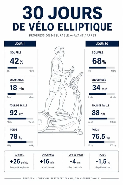 Effet vélo elliptique avant après : infographie éditoriale de progression sur 30 jours