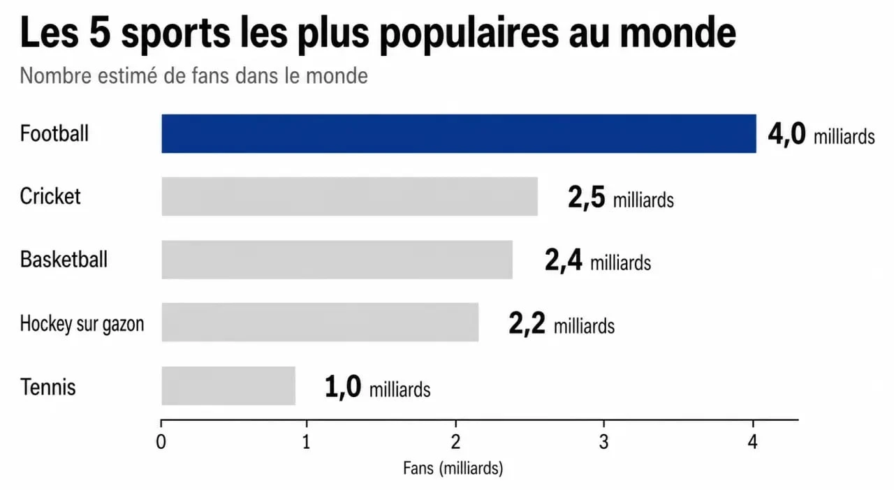 Graphique comparatif du nombre de fans des sports les plus populaires au monde, incluant le football, le cricket et le basketball.