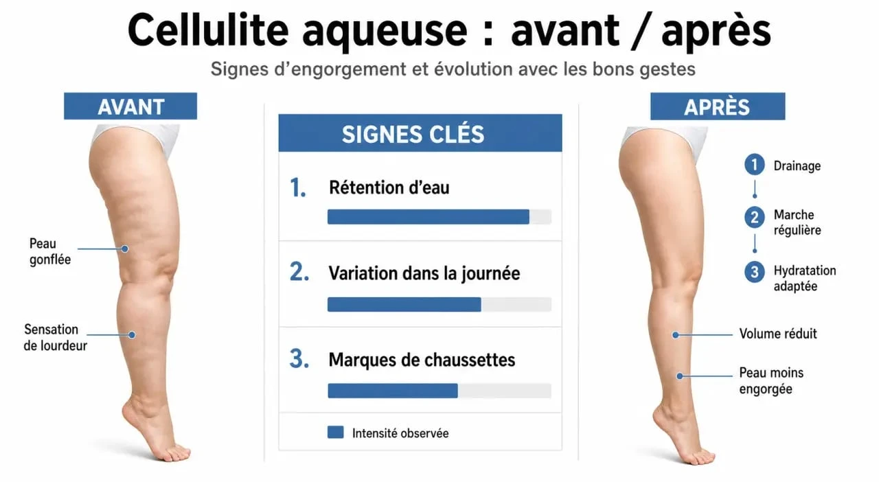 Cellulite aqueuse avant après : comparaison visuelle des signes, causes et résultats après drainage et activité physique