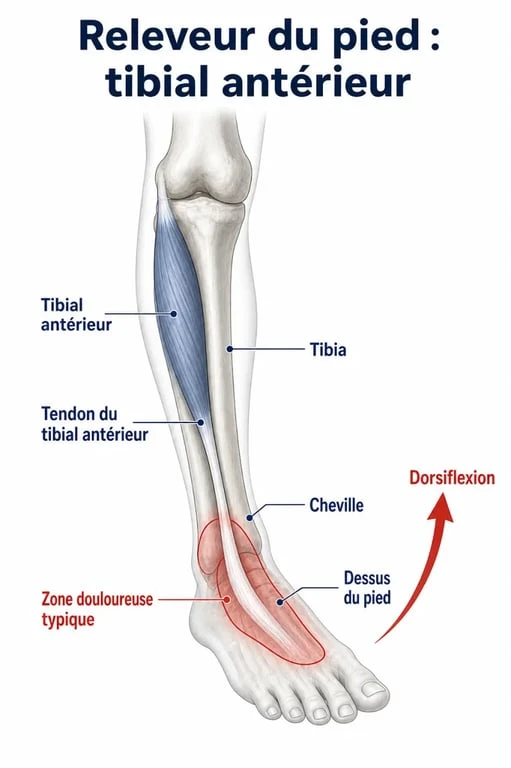 Schéma du tendinite releveur du pied avec le trajet du tibial antérieur et la zone douloureuse