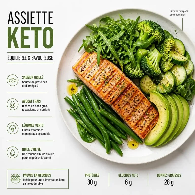 Assiette de recette keto équilibrée avec saumon et avocat