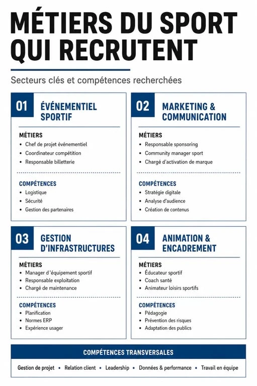 Infographie des métiers du sport qui recrutent : secteurs, compétences et niveaux d'accès