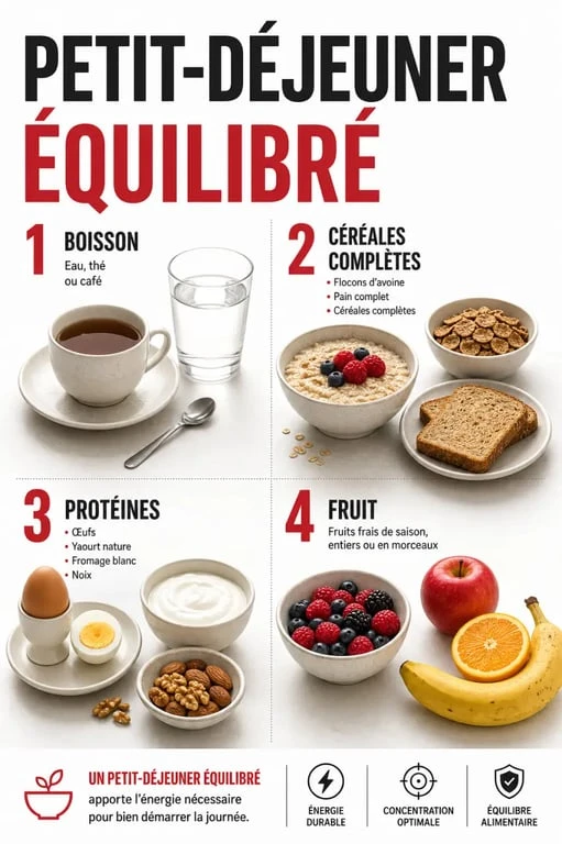 Idées de petit-déjeuner équilibré : exemples de bols, tartines et fruits dans une composition éditoriale