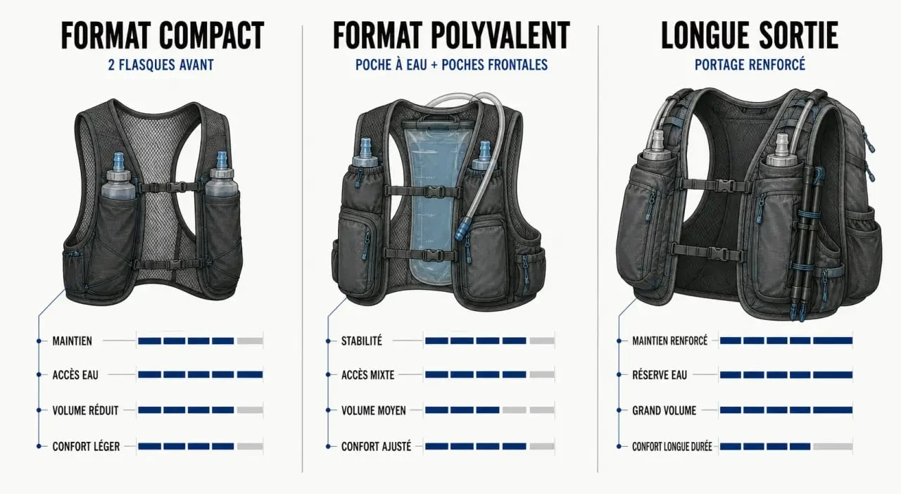 Comparatif de gilet hydratation pour trail, running et randonnée rapide avec flasques et poche à eau