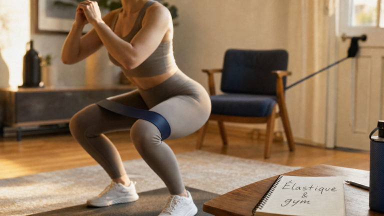 Gym avec un elastique : squat mini-band, salon lumineux