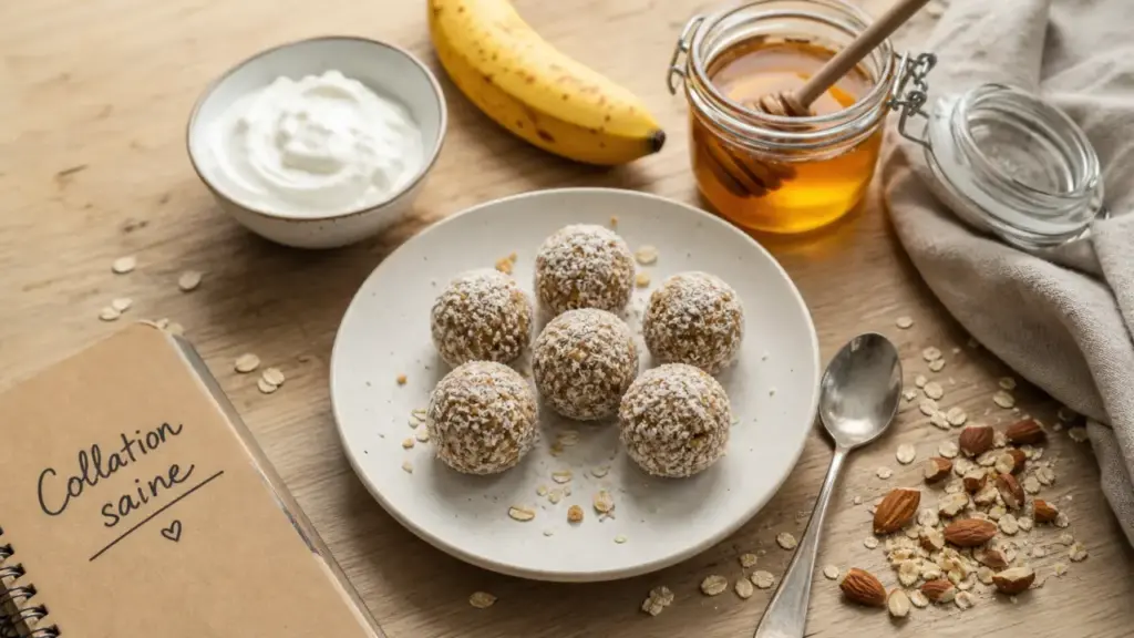 Idées de collations saines : boules d’avoine, noix de coco et yaourt