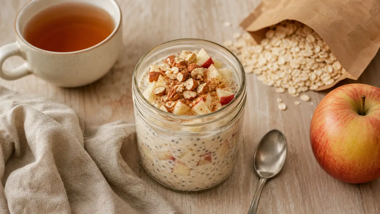 Idées de petit-déjeuner équilibré : overnight oats, yaourt grec, chia et pomme
