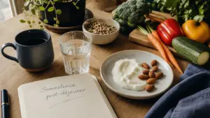 Lutter contre la fatigue de l'après-midi : tasse, yaourt, amandes, eau, sieste courte